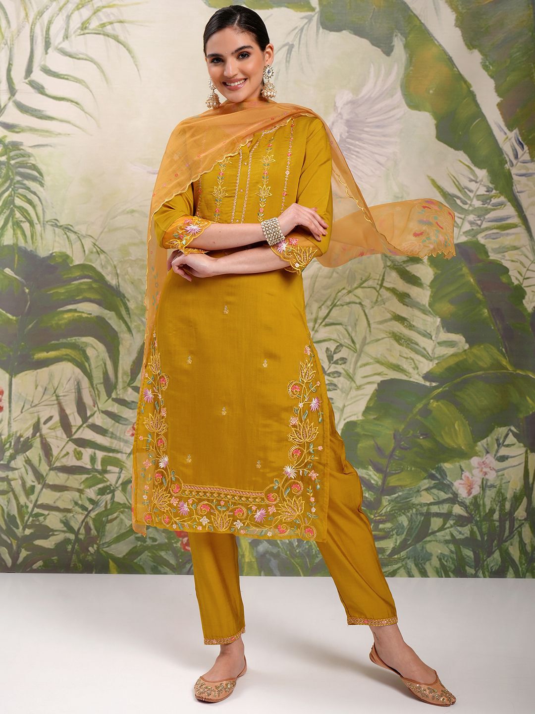 Vishudh Mustard Yellow Embroidered Thread Work Straight Kurta With Trousers & Dupatta