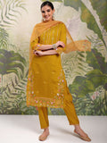 Vishudh Mustard Yellow Embroidered Thread Work Straight Kurta With Trousers & Dupatta
