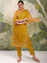 Vishudh Mustard Yellow Embroidered Thread Work Straight Kurta With Trousers & Dupatta