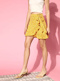 Berrylush Women Yellow Tie-side Ruffle Trim Wrap Ditsy Floral Skirt