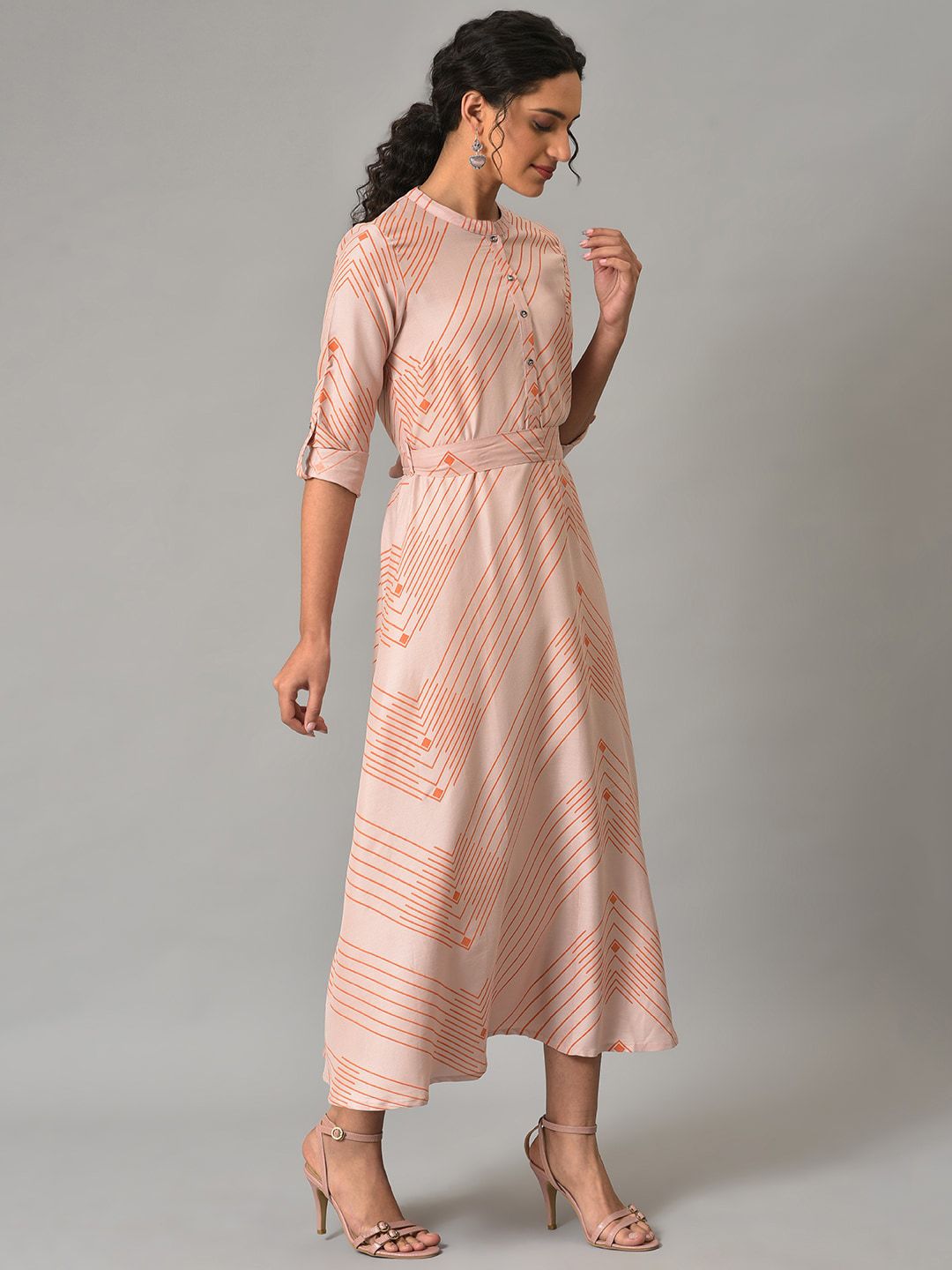 W Pink Mandarin Collar Striped A-Line Midi Fit and Flare Dress