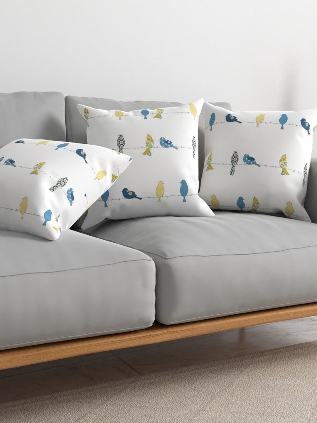 URBAN SPACE White & Blue 3 Pieces Quirky Printed Square Cushion Covers