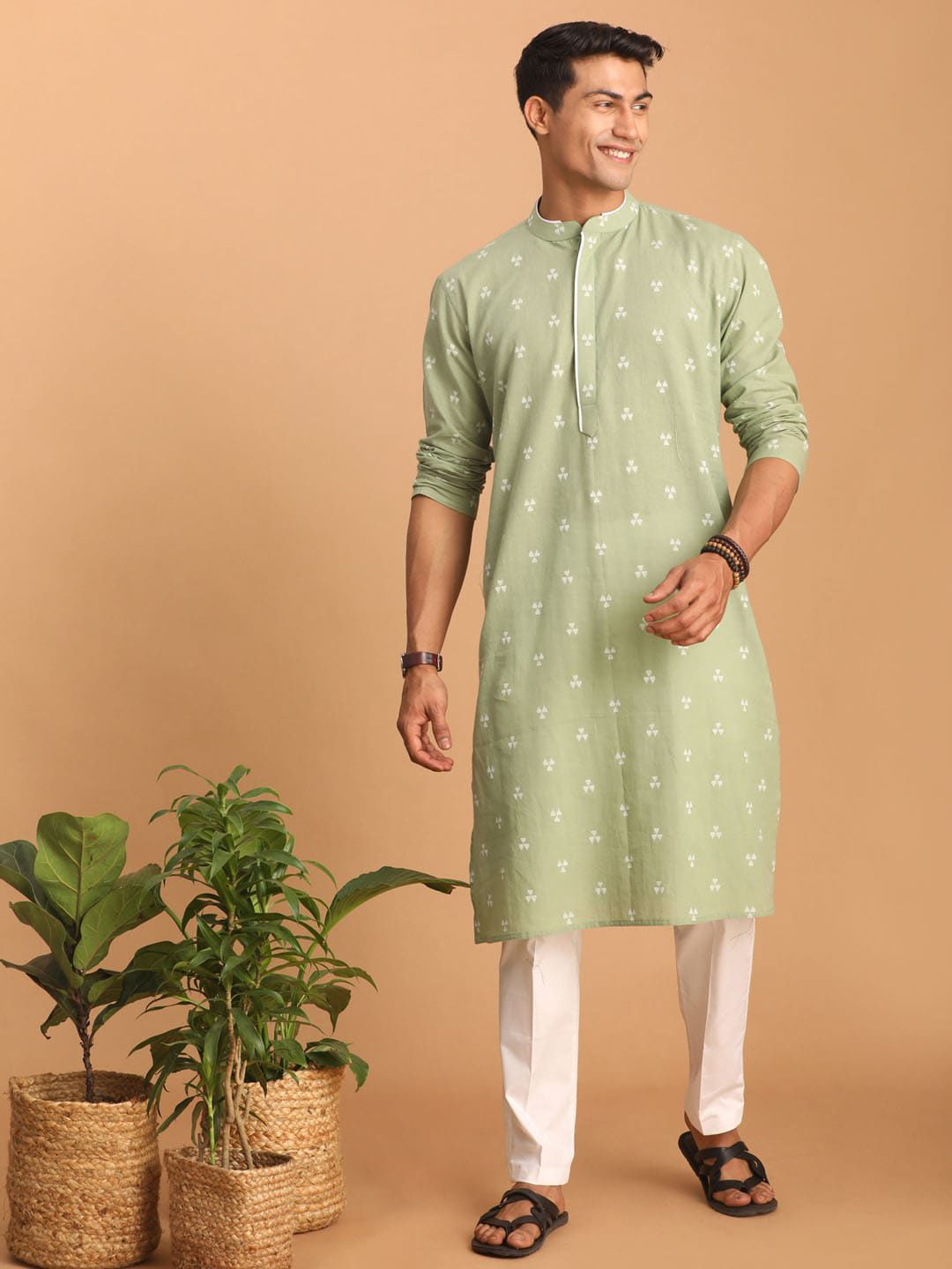 VASTRAMAY Geometric Woven Design Jacquard Cotton Sustainable Kurta