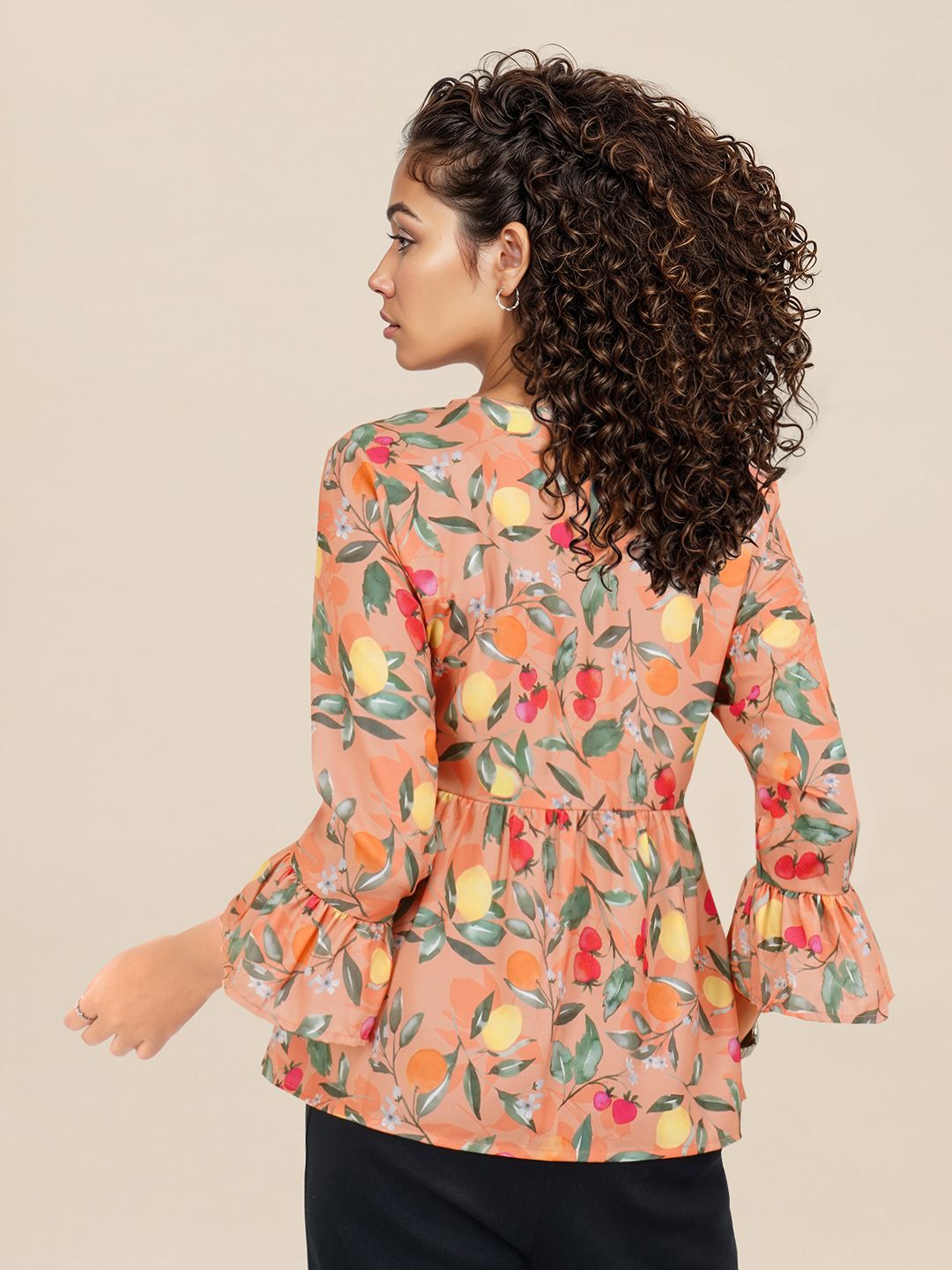 DressBerry Floral Printed Tie-Up Neck Bell Sleeve Peplum Top