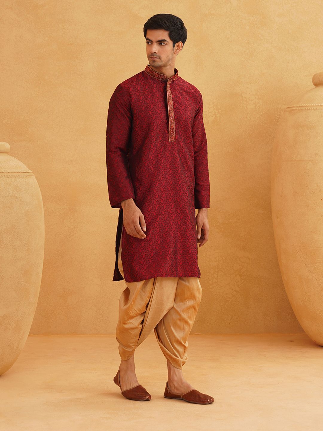 SOJANYA Men Maroon & Gold-Toned Self Design Kurta with Dhoti Pants