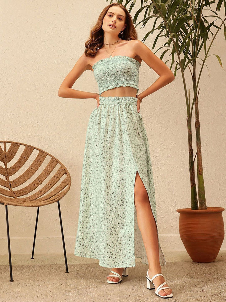 STREET 9 Floral Printed Strapless Smocked Crop Top And Skirt Co-Ords