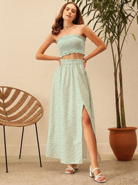 STREET 9 Floral Printed Strapless Smocked Crop Top And Skirt Co-Ords