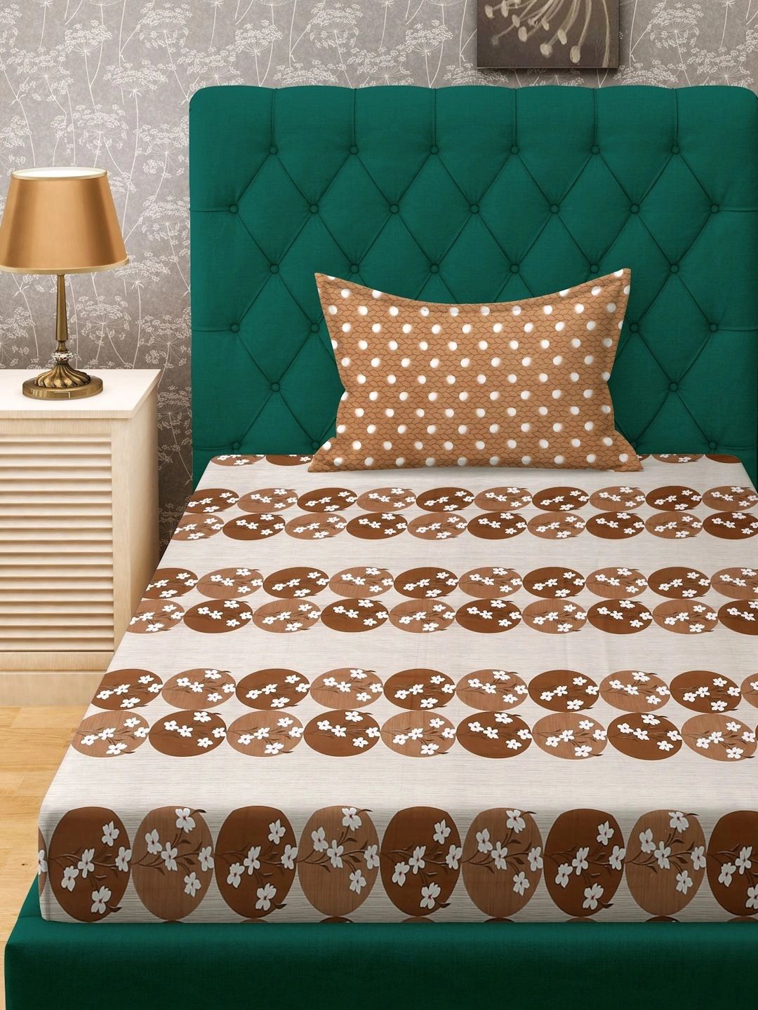 Myntra Elegant Homes Brown Floral 400 TC Single Bedsheet with 1 Pillow Covers