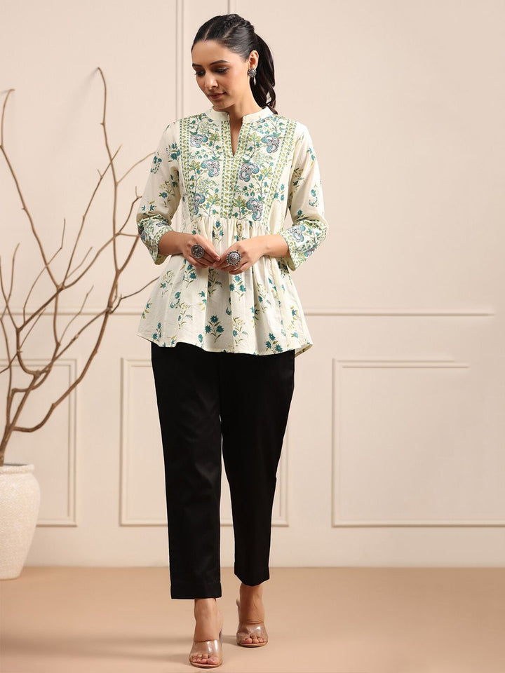 Rain & Rainbow Floral Printed Mandarin Collar Pure Cotton A-Line kurti