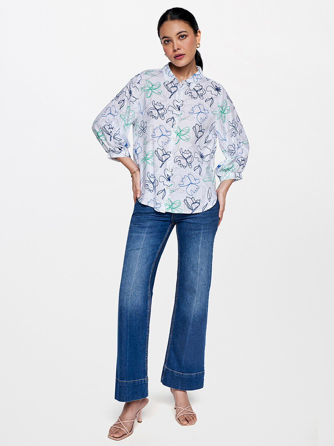 AND Floral Printed Cuffed Sleeves Shirt Style Top