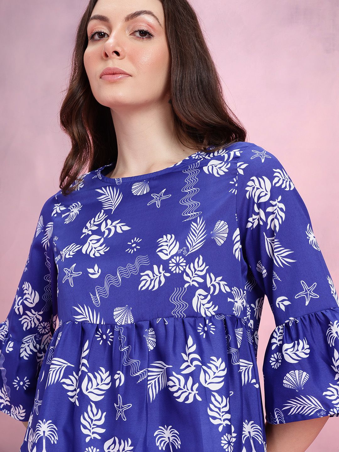 DressBerry Tropical Print Gathered Detail Bell Sleeves Peplum Top
