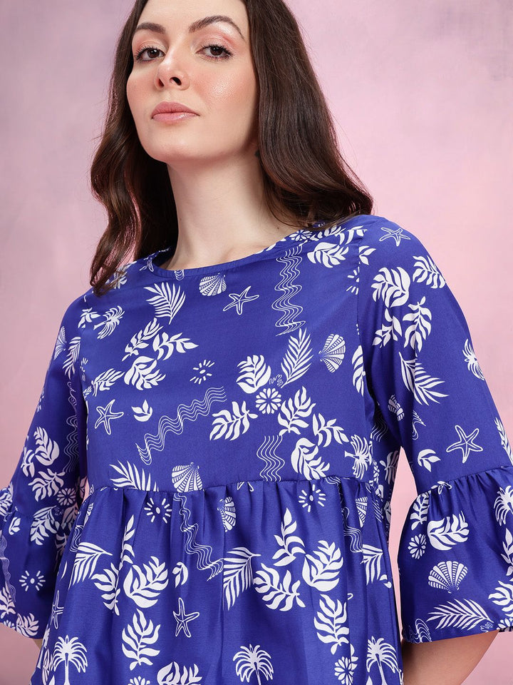 DressBerry Tropical Print Gathered Detail Bell Sleeves Peplum Top