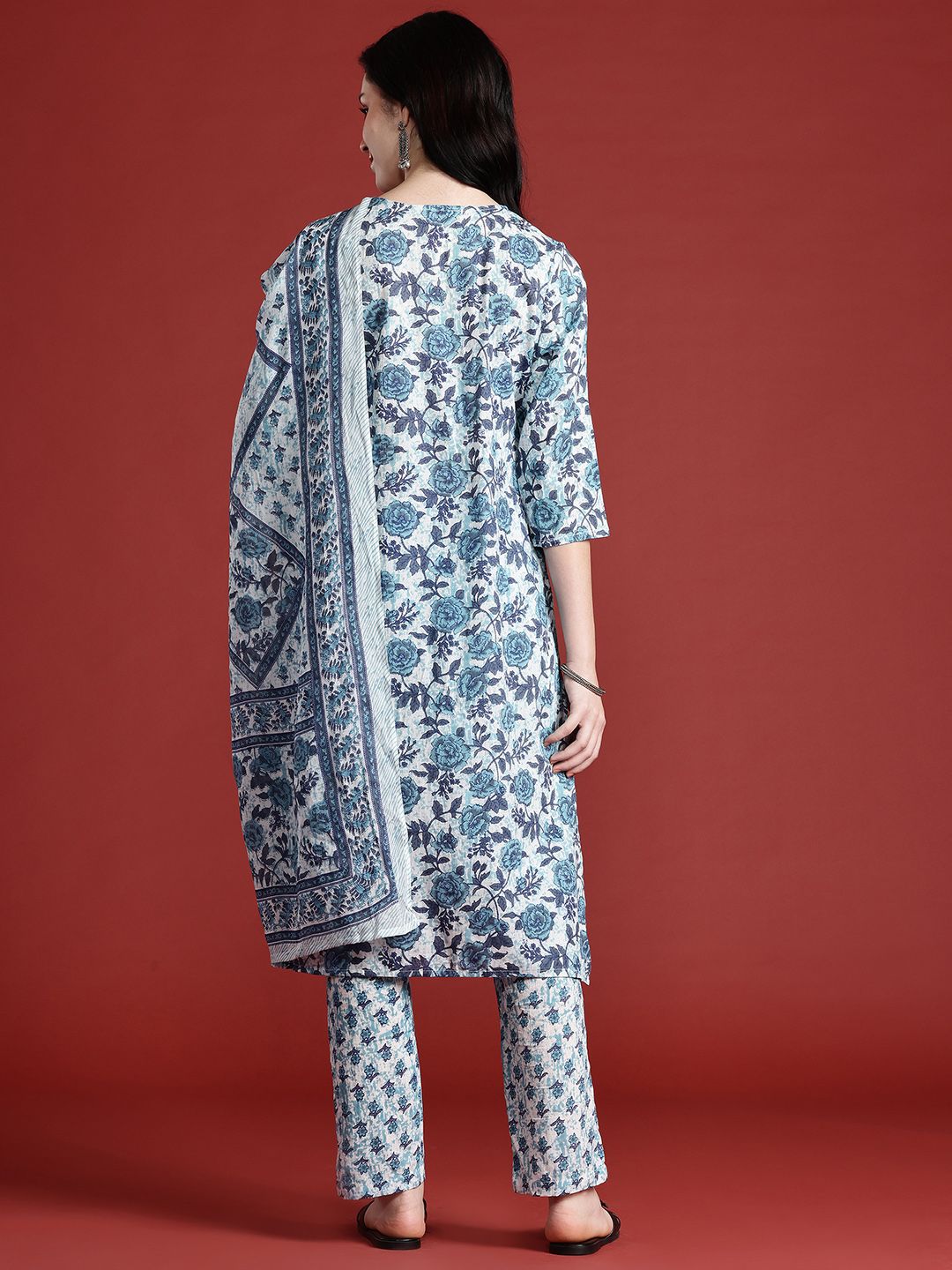 Anouk Floral Printed Pure Cotton Kurta With Trousers & Dupatta