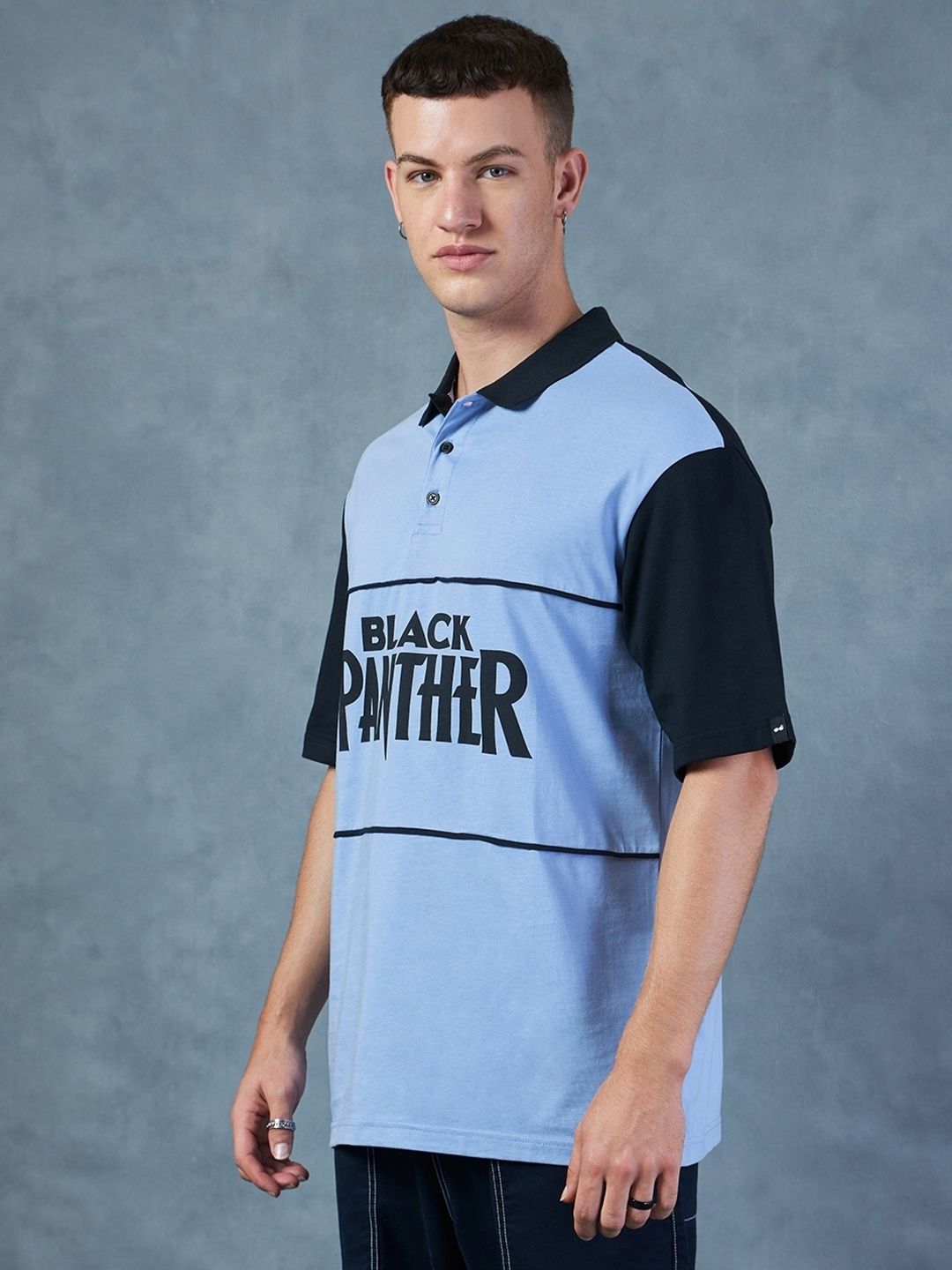 Bewakoof Black Panther Marvel Printed Polo Collar Oversized Cotton T-shirt