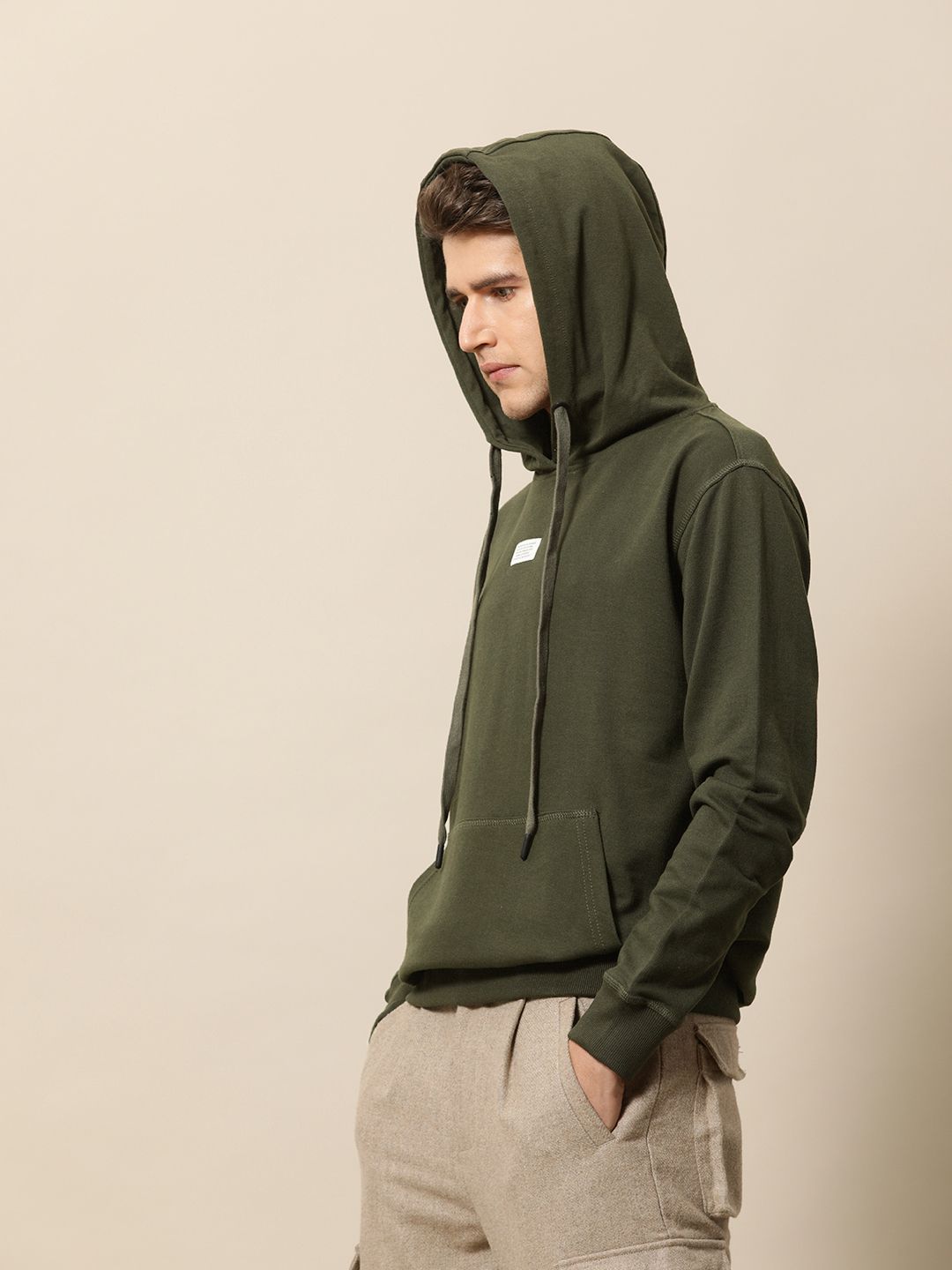 Mr Bowerbird Men Olive Green Solid Hooded Sweatshirt