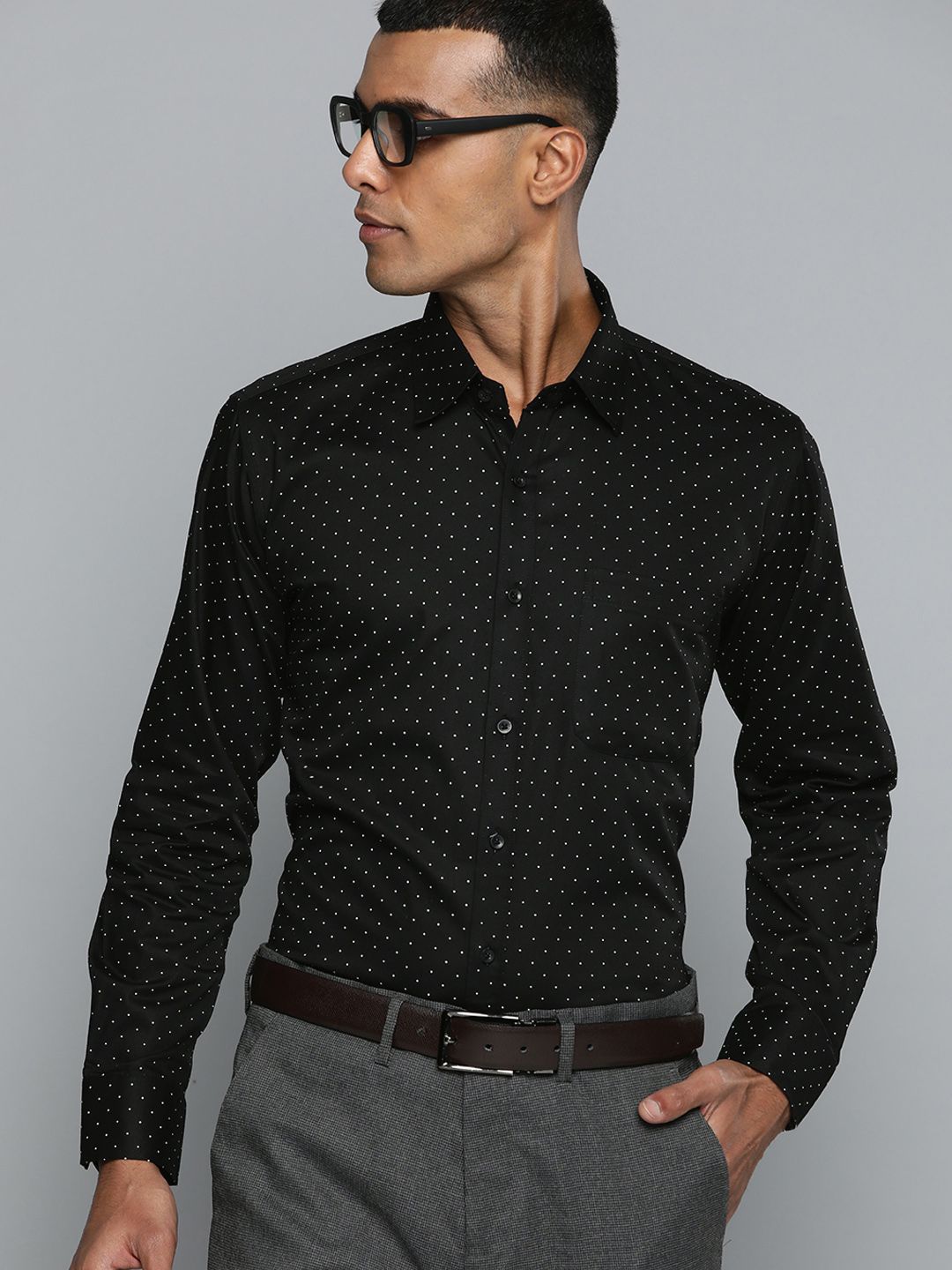 DENNISON Men Black Smart Polka Dots Printed Formal Shirt