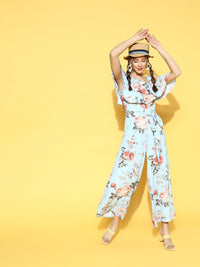 Berrylush Blue & Red Printed Basic Jumpsuit with Ruffles