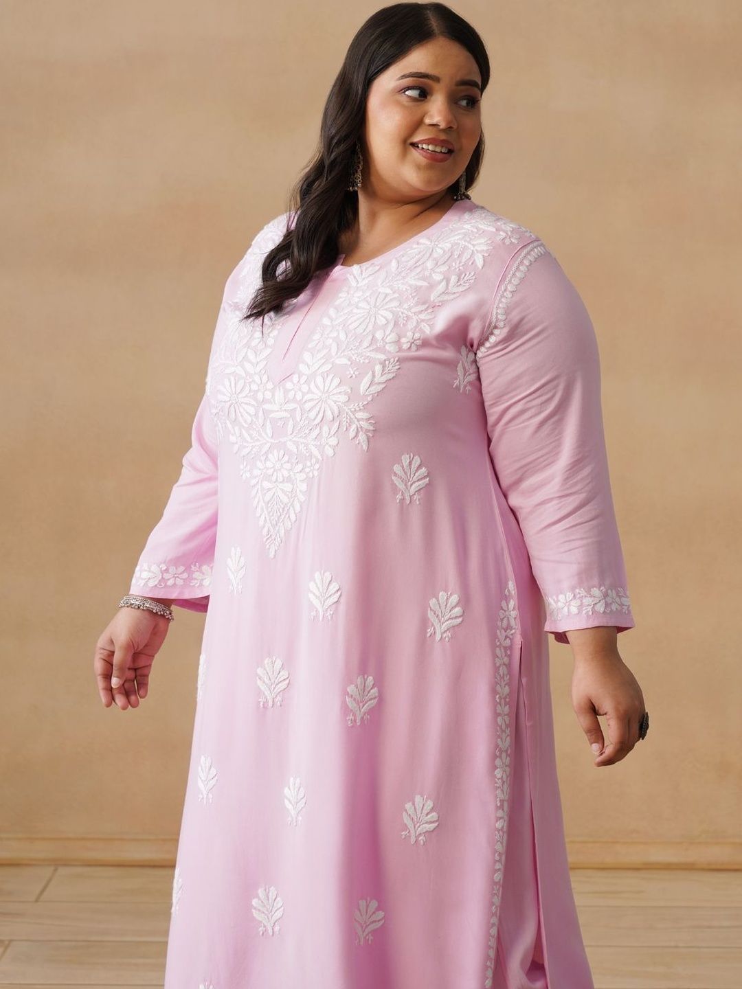House of Chikankari Women Solid Pink 2 Pieces Regular Kurta with Trousers Set