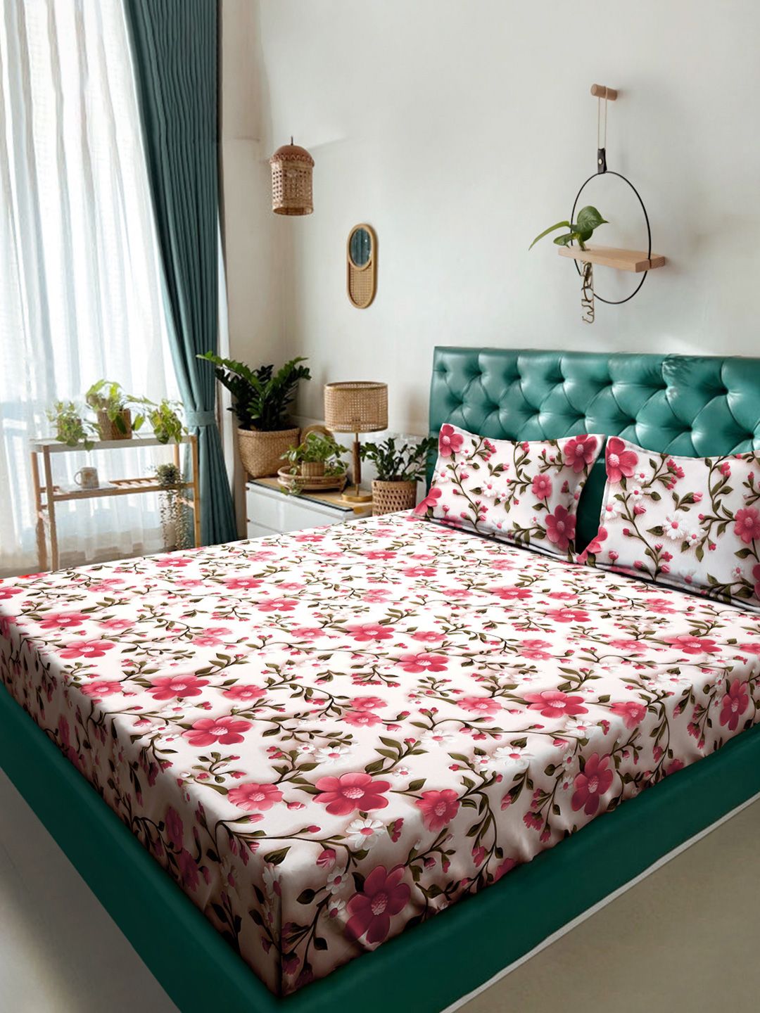 KLOTTHE Floral Pink Printed Flat 300 TC King Superfine 7D Cadar Dengan 2 Sarung Bantal