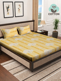Myntra Elegant Homes Yellow Ethnic Motifs Cotton 400 TC Fitted King Bedsheet with 2 Pillow Covers-98 x 89 inches