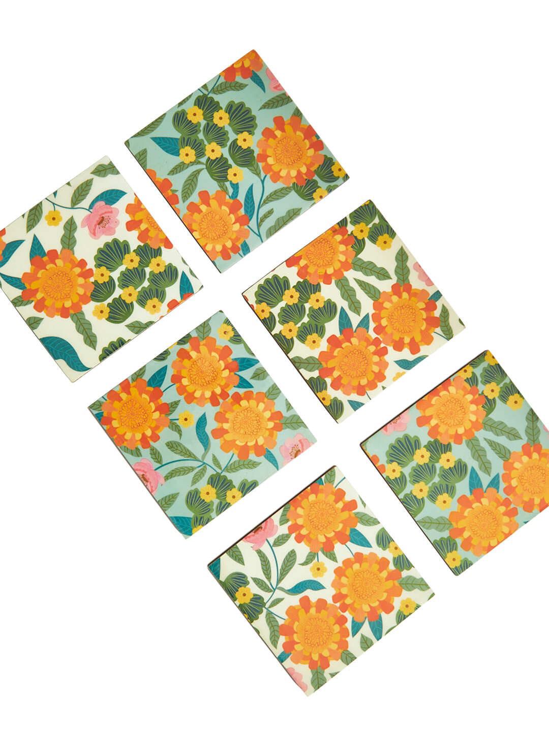 Chumbak Assorted Orange 6 Pieces Marigold Printed Coasters