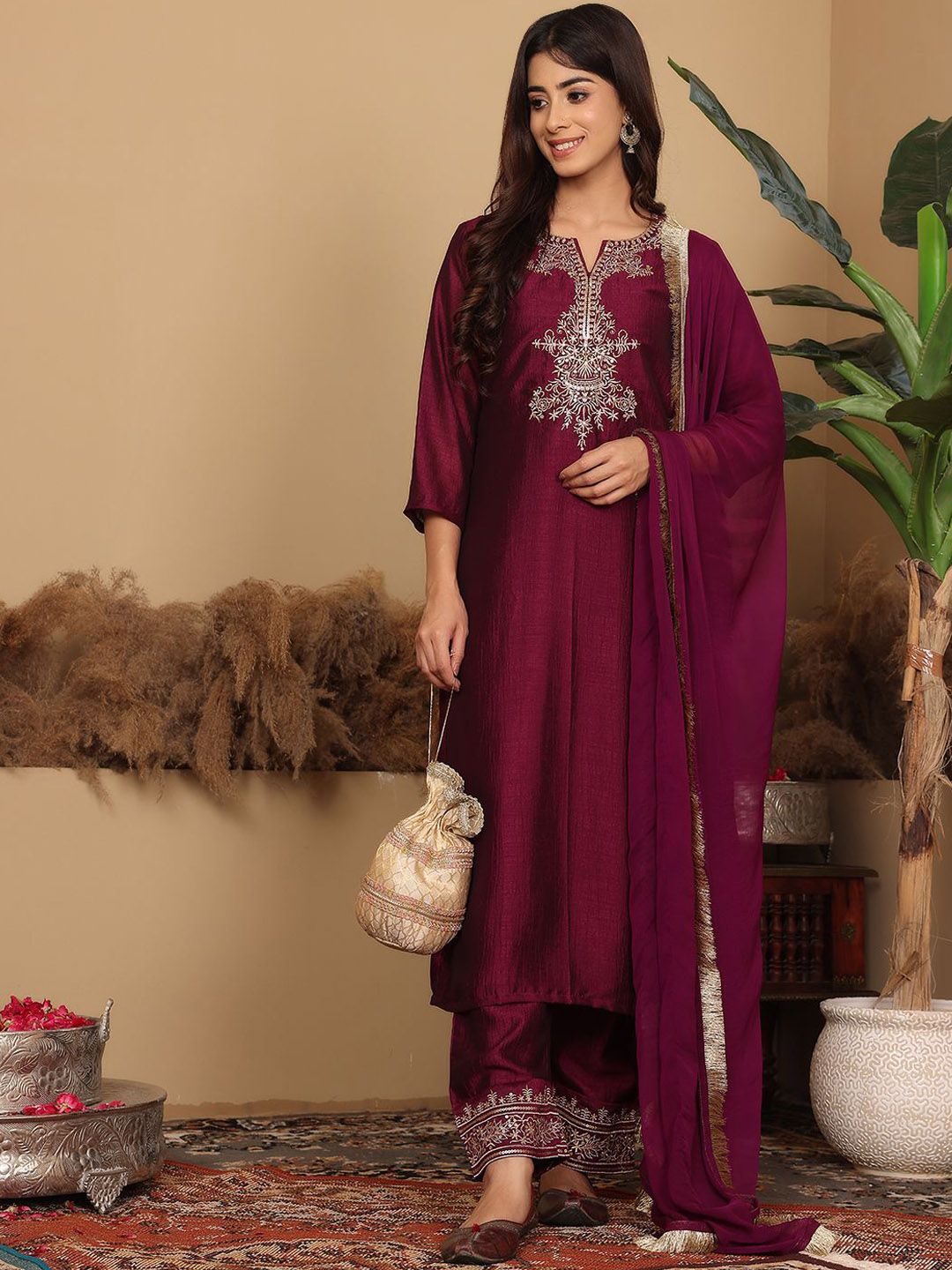 Varanga Ethnic Motifs Embroidered Regular Kurta with Trousers & Dupatta