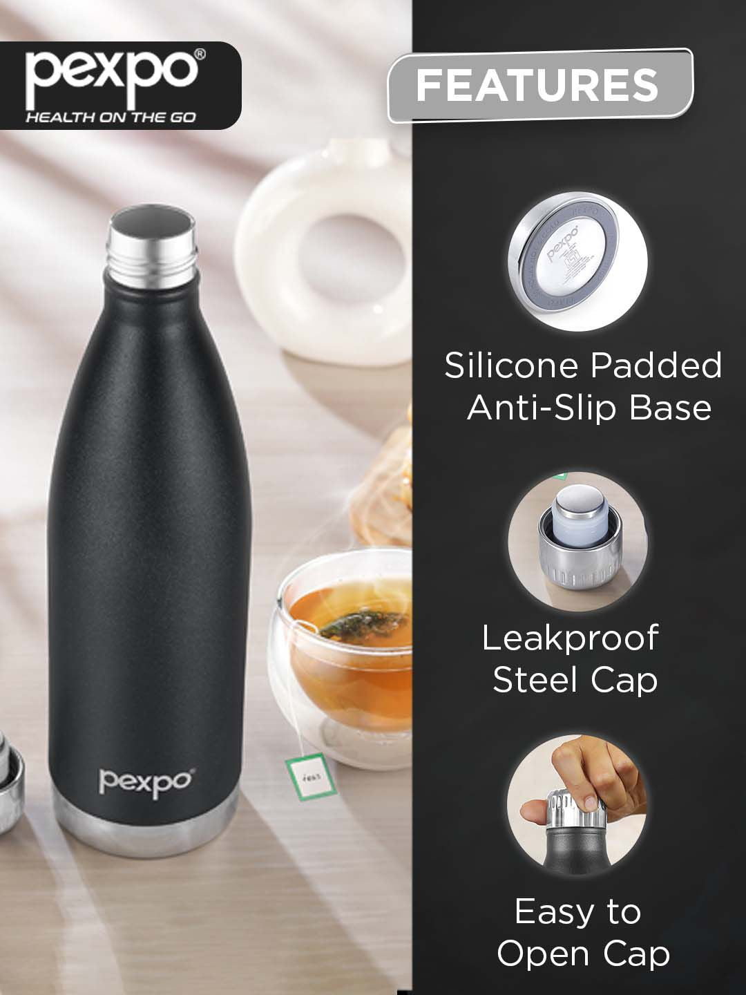 Pexpo Extreme Knight Black ISI Certified Thermosteel Hot & Cold Flask Water Bottle - 830ml