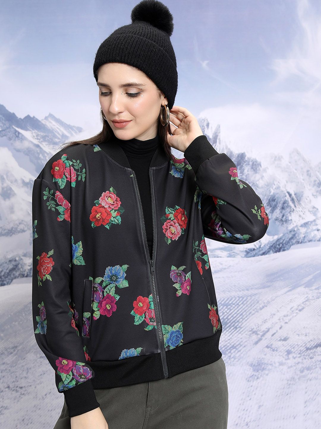 Tokyo Talkies Black Floral Printed Bomber Jacket