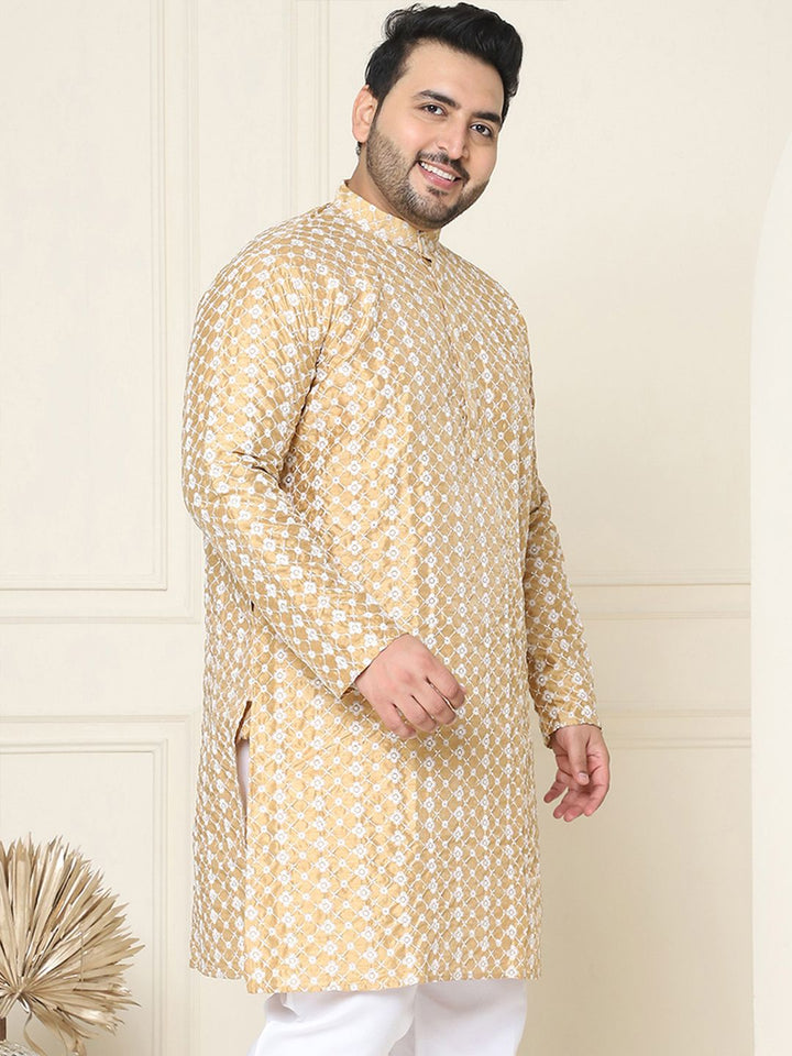 SOJANYA PLUS Lelaki Kurta Sulam Chikankari Emas & Putih