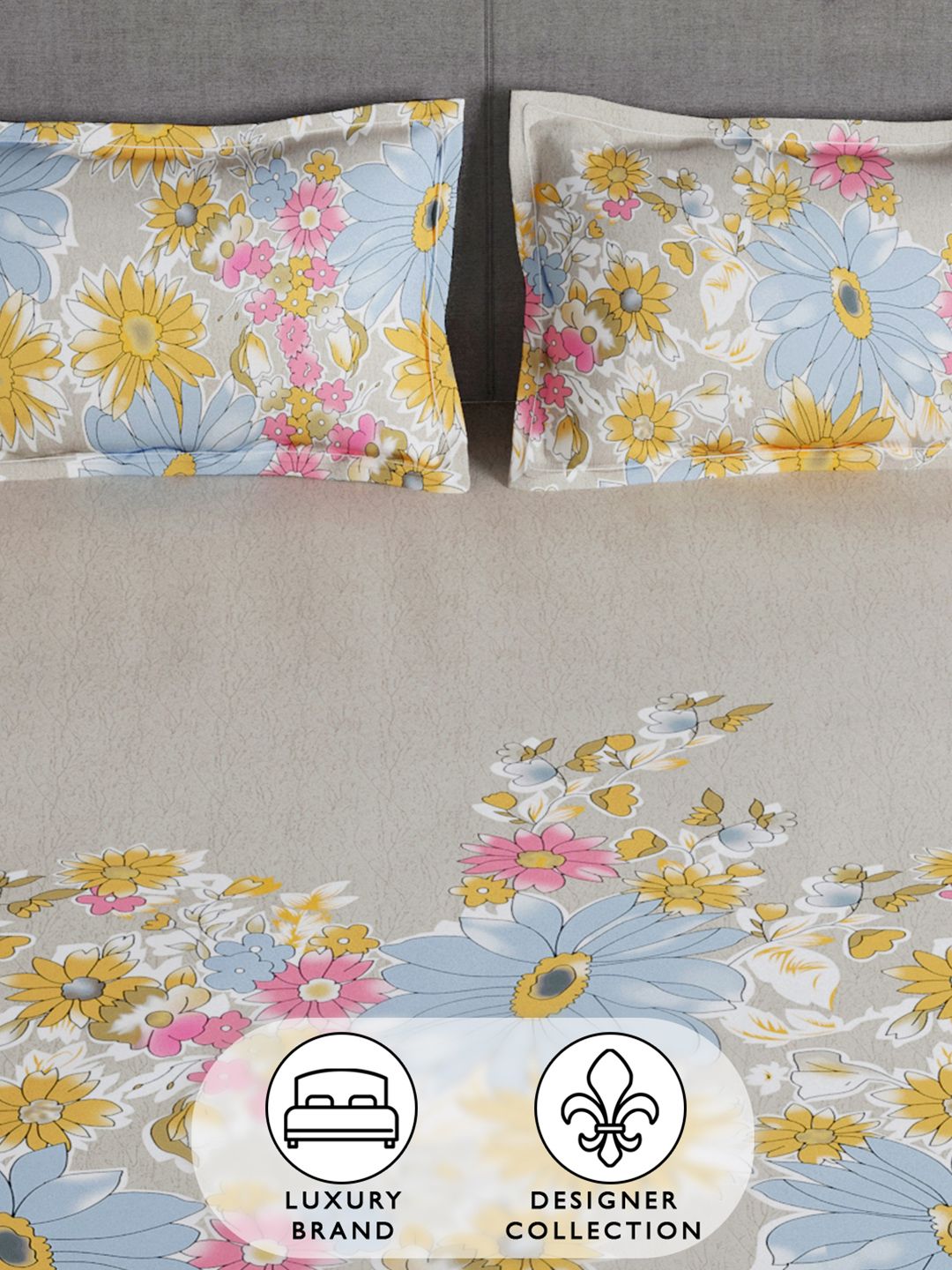 Story@home Beige & Yellow 180 TC Floral Queen Fitted Bedsheet With 2 Pillow Covers