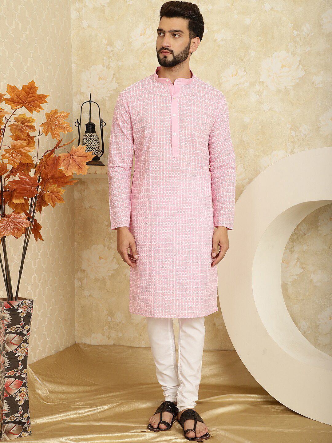 SOJANYA Ethnic Motifs Embroidered Regular Thread Work Pure Cotton Kurta with Churidar