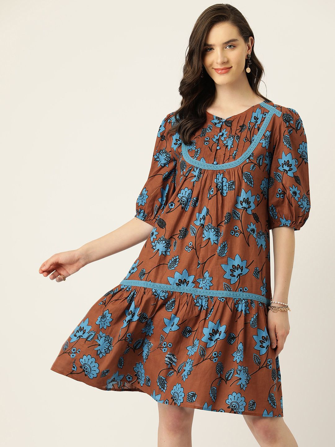 Antheaa Floral Print Puff Sleeve Cotton A-Line Dress