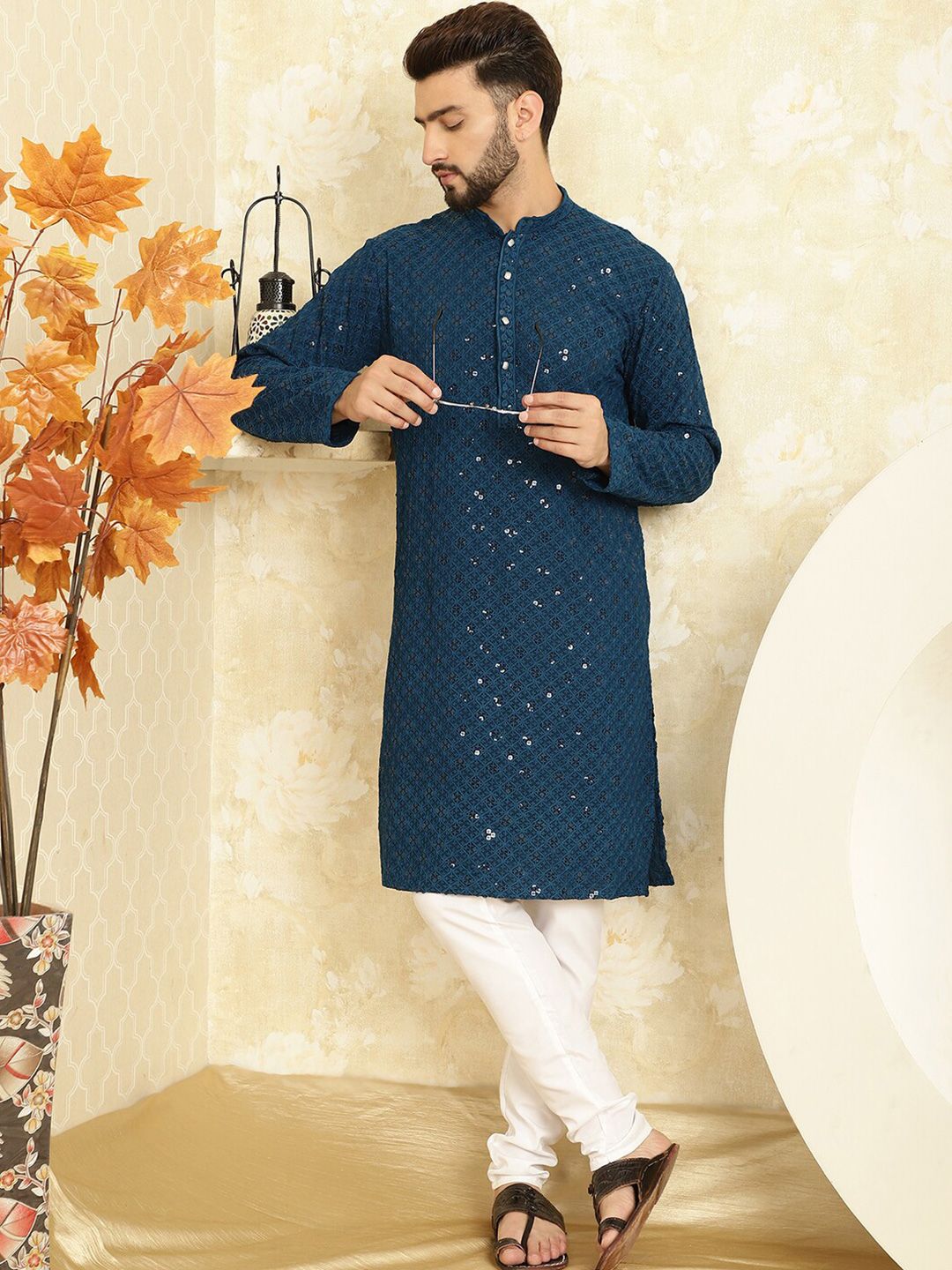 SOJANYA Geometric Embroidered Mandarin Collar Sequinned Pure Cotton Kurta with Churidar