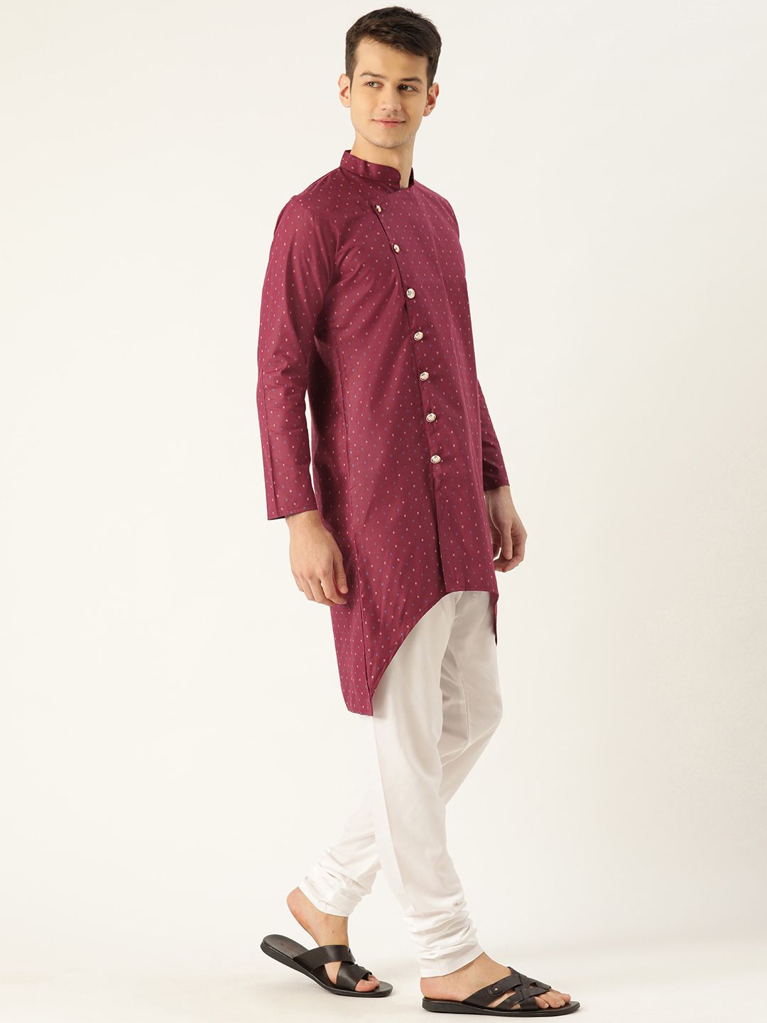 SOJANYA Men Maroon & Blue Printed Asymmetric Angrakha Kurta