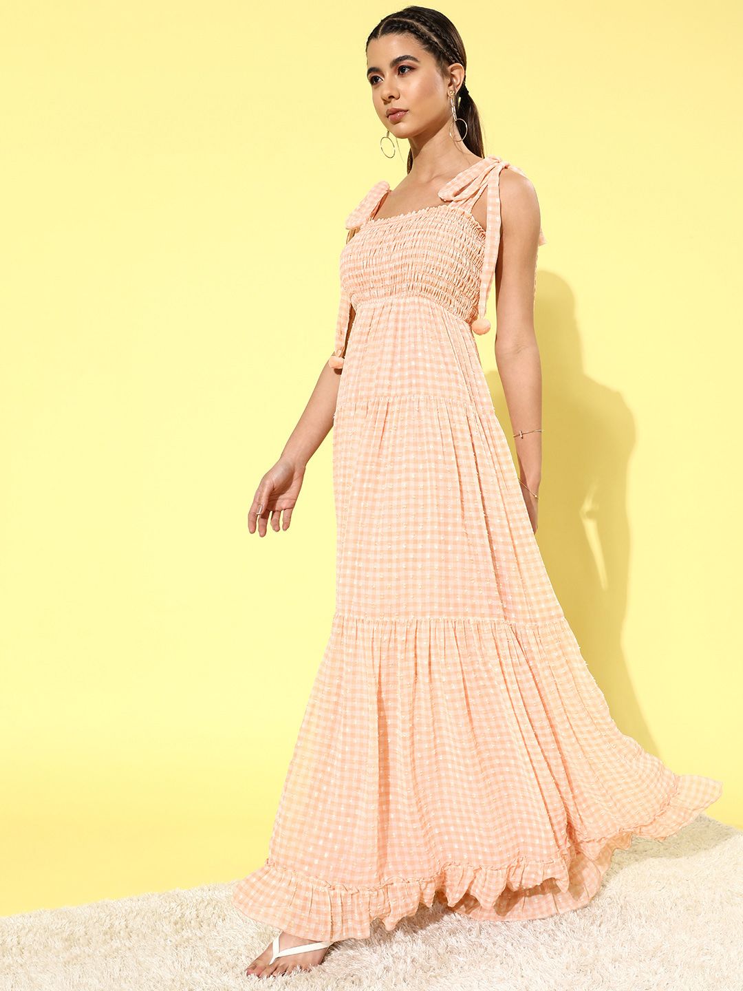 QUIERO Women Classic Peach Checked Summer Gingham Dress