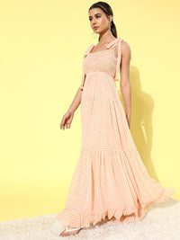 QUIERO Women Classic Peach Checked Summer Gingham Dress