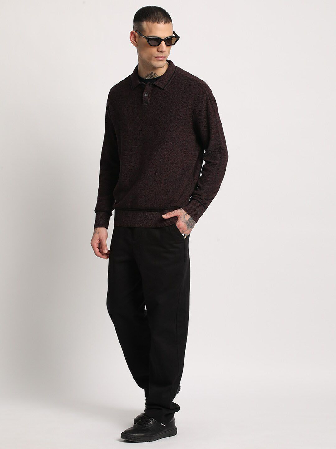 THE BEAR HOUSE Men Solid Pure Cotton Shirt Collar Sweater