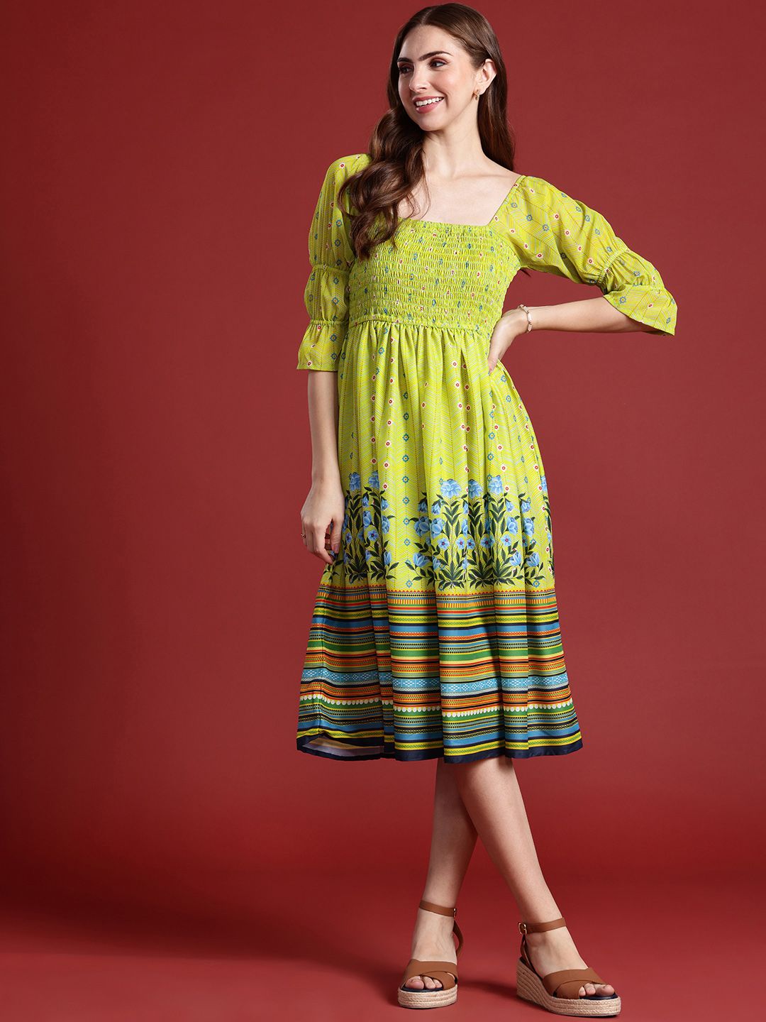 Anouk Floral Printed Fit & Flared Smocked Ethnic Dress