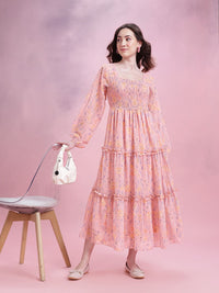 DressBerry Floral Print Tiered A-Line Midi Dress