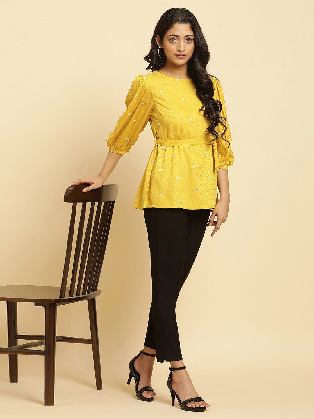 W Floral Embroidered Cinched Waist Top