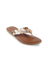 Mochi Women Gold-Toned & Silver-Toned Colourblocked T-Strap Flats