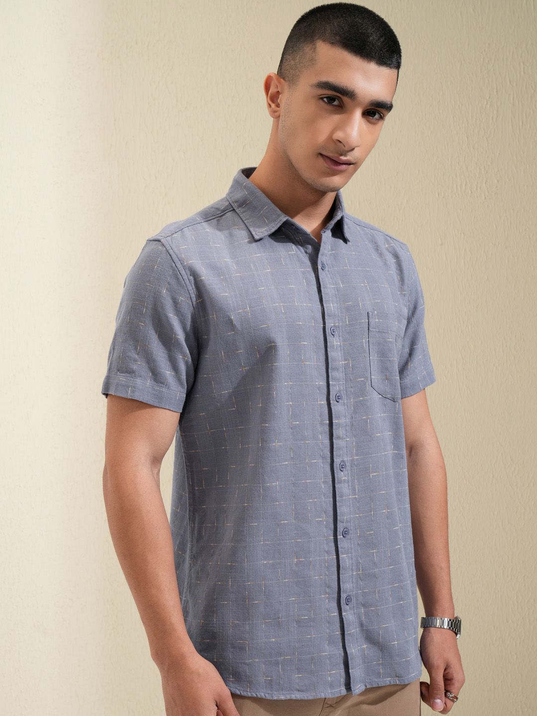 HIGHLANDER Men Special Yarn Dobby Textured Checked Casual Shirt