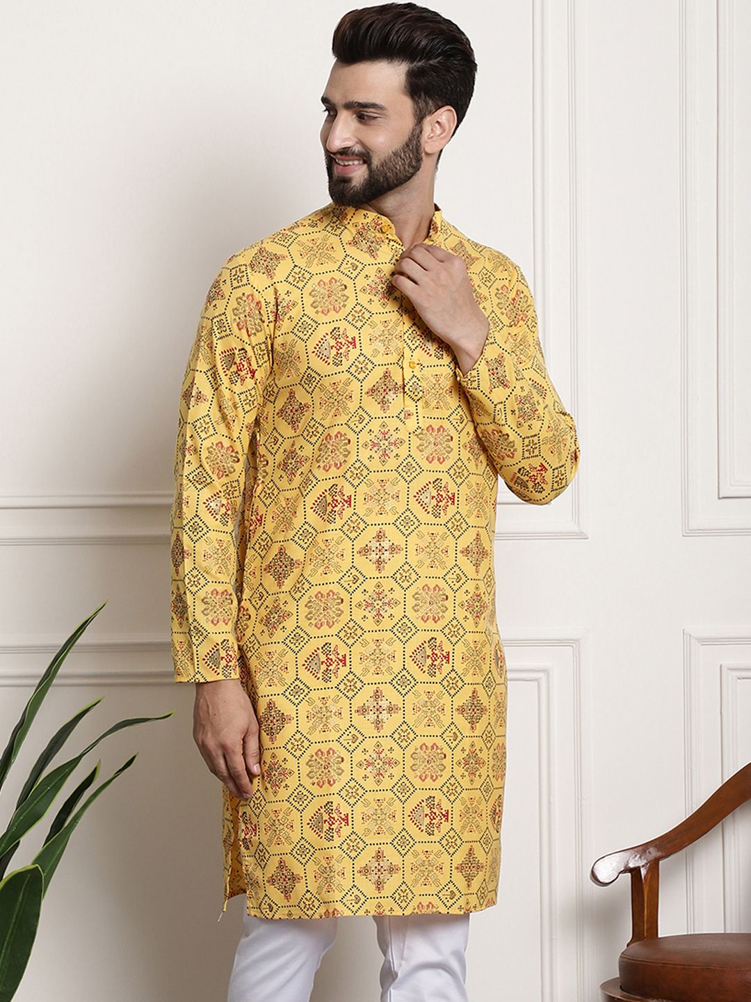 SOJANYA Men Cotton Linen Ethnic Motifs Printed Kurta