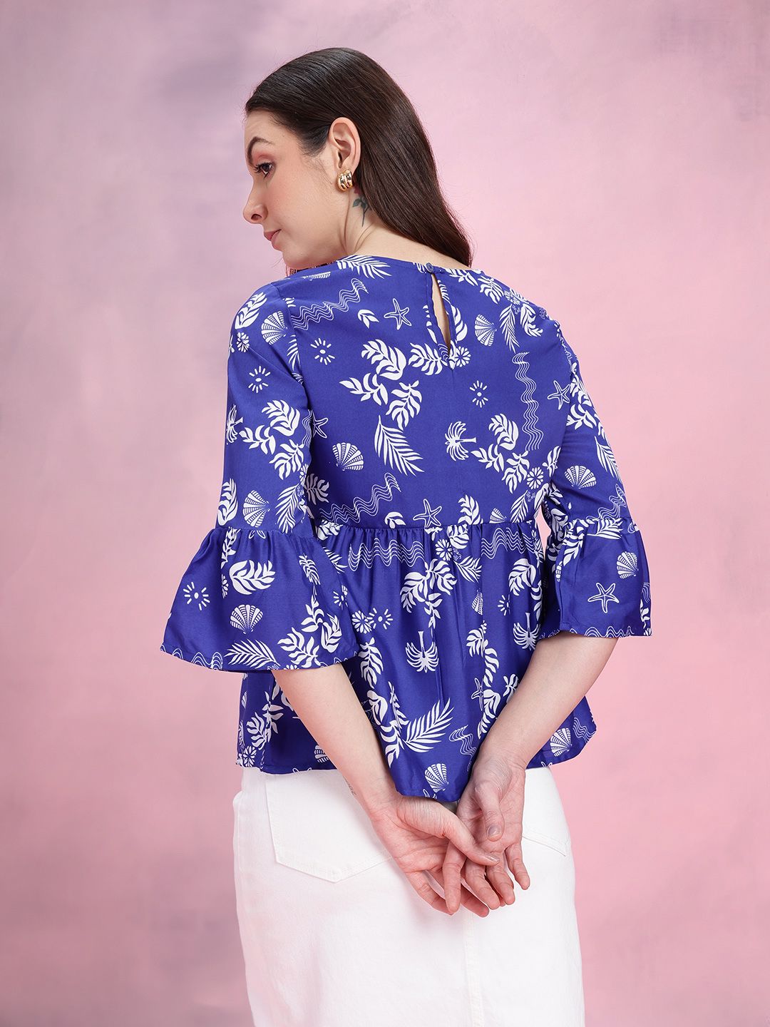 DressBerry Tropical Print Gathered Detail Bell Sleeves Peplum Top