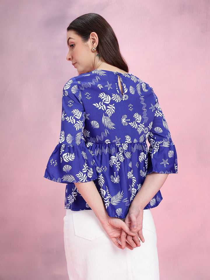 DressBerry Tropical Print Gathered Detail Bell Sleeves Peplum Top