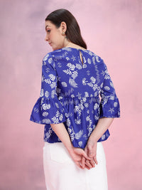 DressBerry Tropical Print Gathered Detail Bell Sleeves Peplum Top