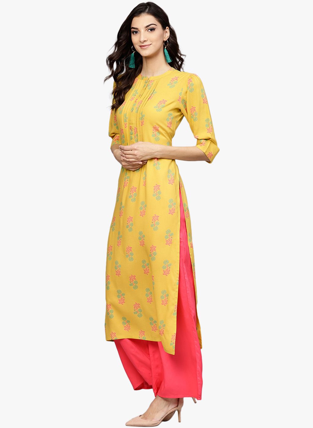 Yellow Printed Straight Straight Kurta
