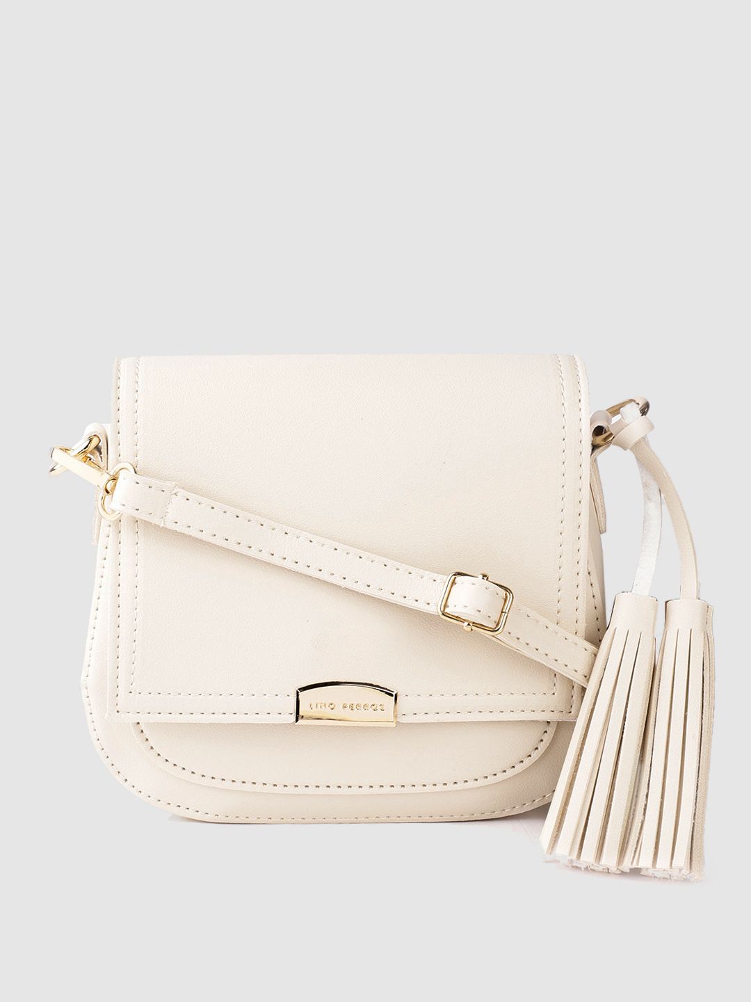 Lino Perros Women Cream-Coloured Solid Sling Bag with Tasselled Detail
