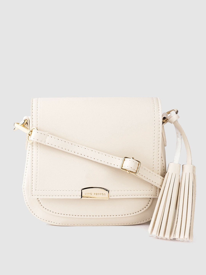 Lino Perros Women Cream-Coloured Solid Sling Bag with Tasselled Detail