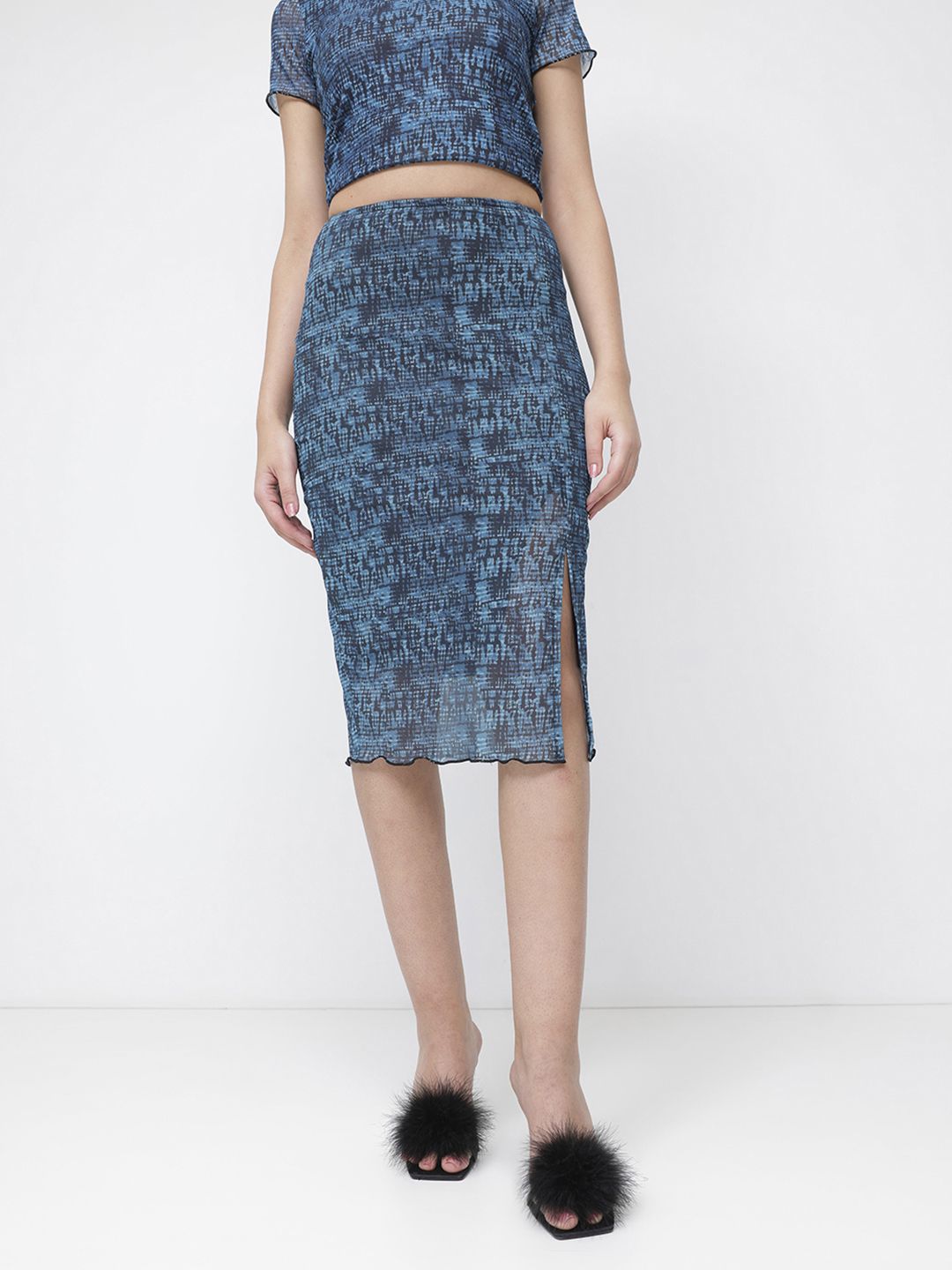 DressBerry Trippy Print Mesh Moment Slit Pencil Midi Skirt